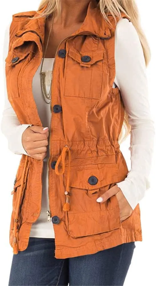 Koodred Women's Casual Military Utility Vest Lightweight Sleeveless Drawstring Jackets with Pockets