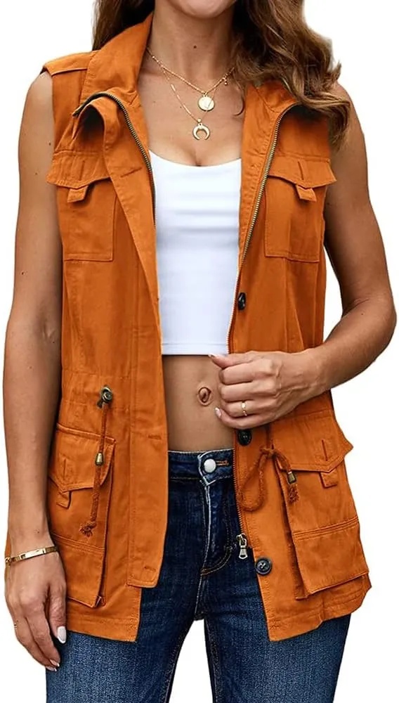 Koodred Women's Casual Military Utility Vest Lightweight Sleeveless Drawstring Jackets with Pockets