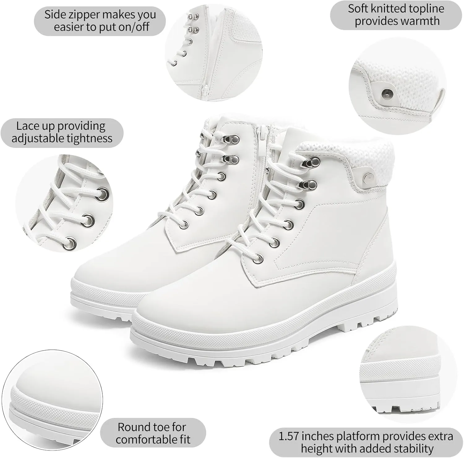kufeiti Women's Waterproof Fur Lined Winter Boots Platform Black Combat Non Slip Boots with Side Zipper Snow Ankle Boots for Outdoor Hiking Work