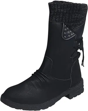 Lausiuoe Boots For Women Low Heel Mid Calf Winter Boots Side Zip Western Platform Hiking Booties Warm Non Slip Outdoor Shoes