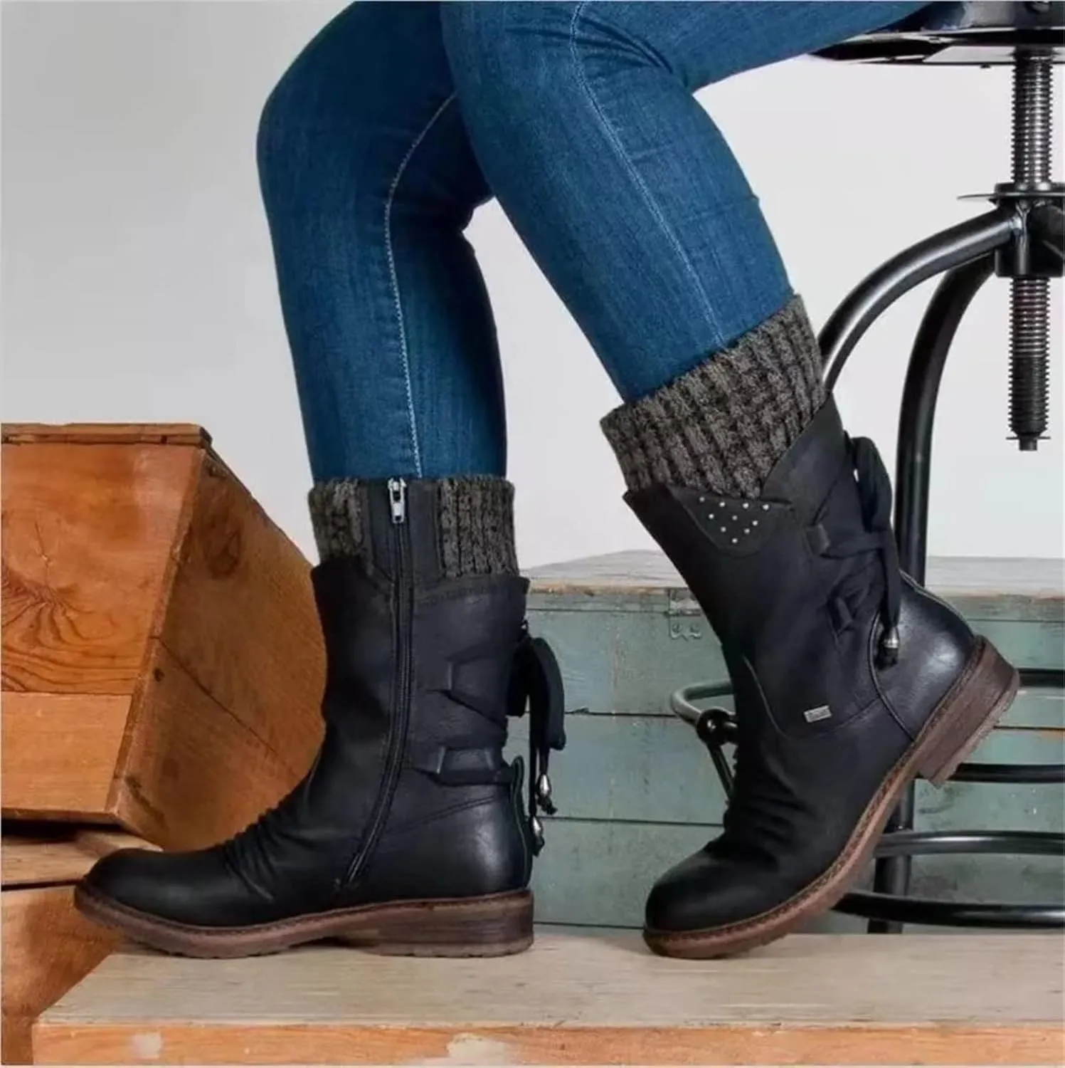 Lausiuoe Boots For Women Low Heel Mid Calf Winter Boots Side Zip Western Platform Hiking Booties Warm Non Slip Outdoor Shoes