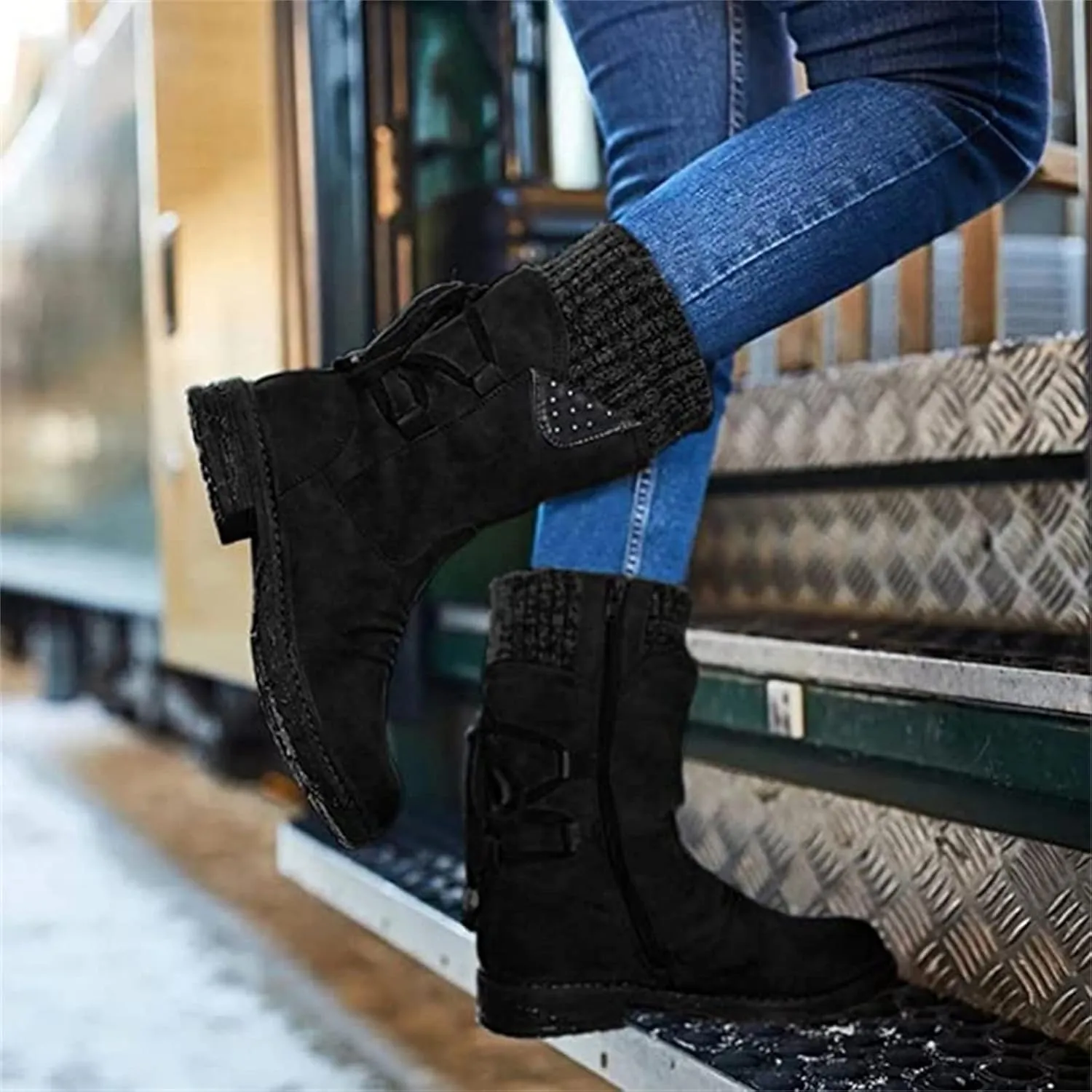 Lausiuoe Boots For Women Low Heel Mid Calf Winter Boots Side Zip Western Platform Hiking Booties Warm Non Slip Outdoor Shoes