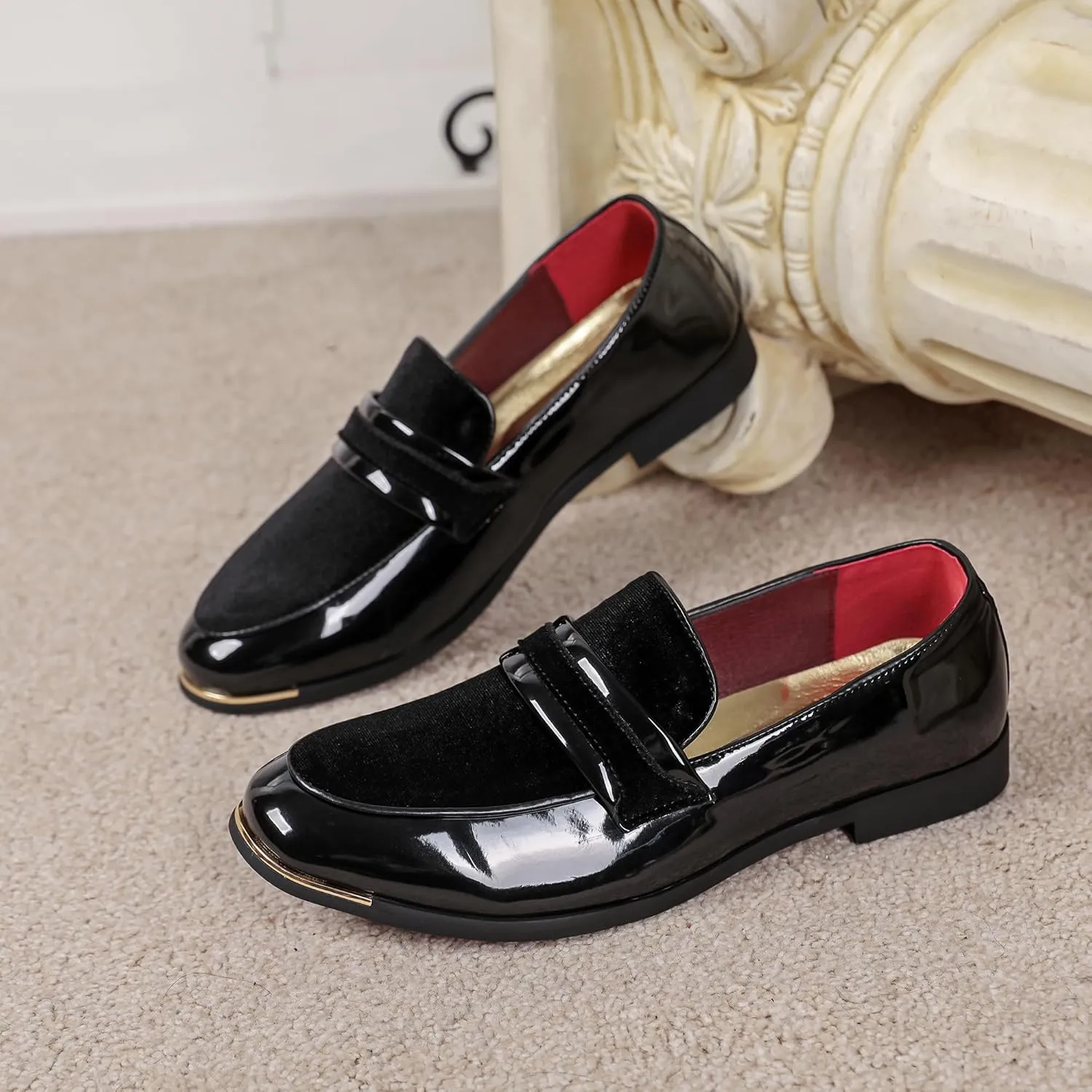 LCQL Men's Luxury Velvet Penny Loafers Patent Leather Oxford Classic Business Party Prom Club Dress Shoes Size 7-13