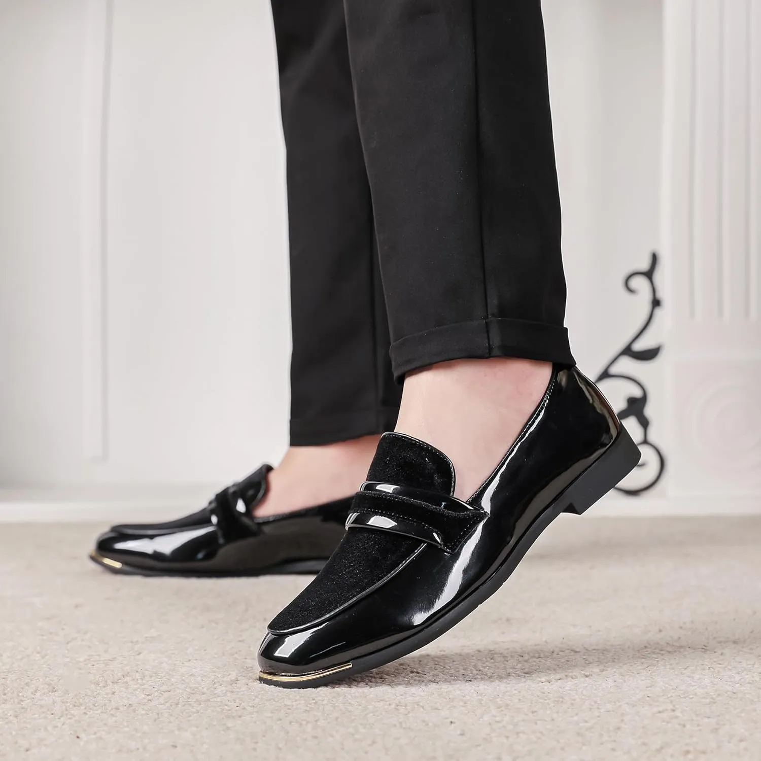 LCQL Men's Luxury Velvet Penny Loafers Patent Leather Oxford Classic Business Party Prom Club Dress Shoes Size 7-13
