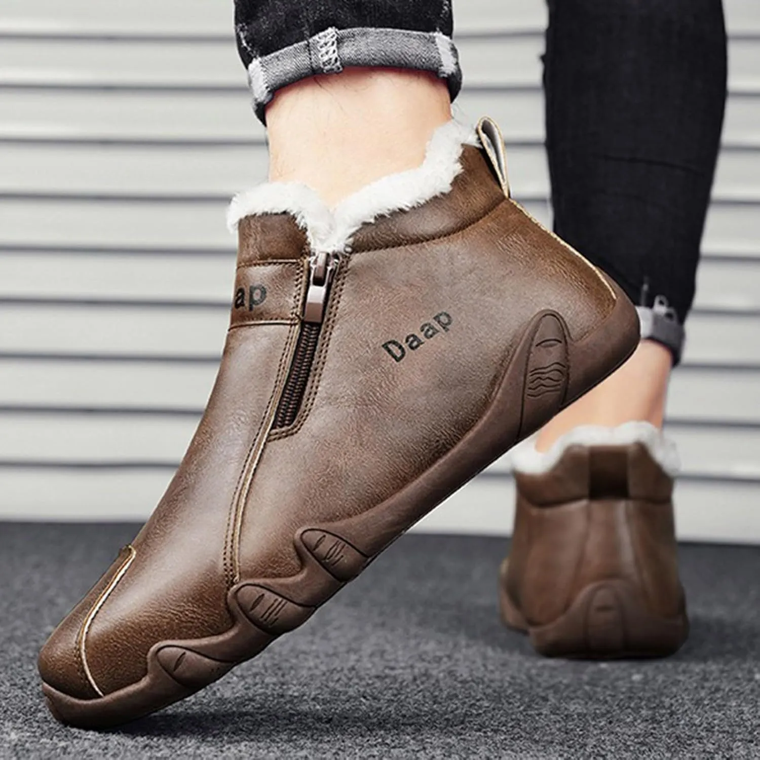 Leather Furry Boots for Men Fleece Lined Warm Winter Boots Water Proof Insulated Soft Womens Leather Work