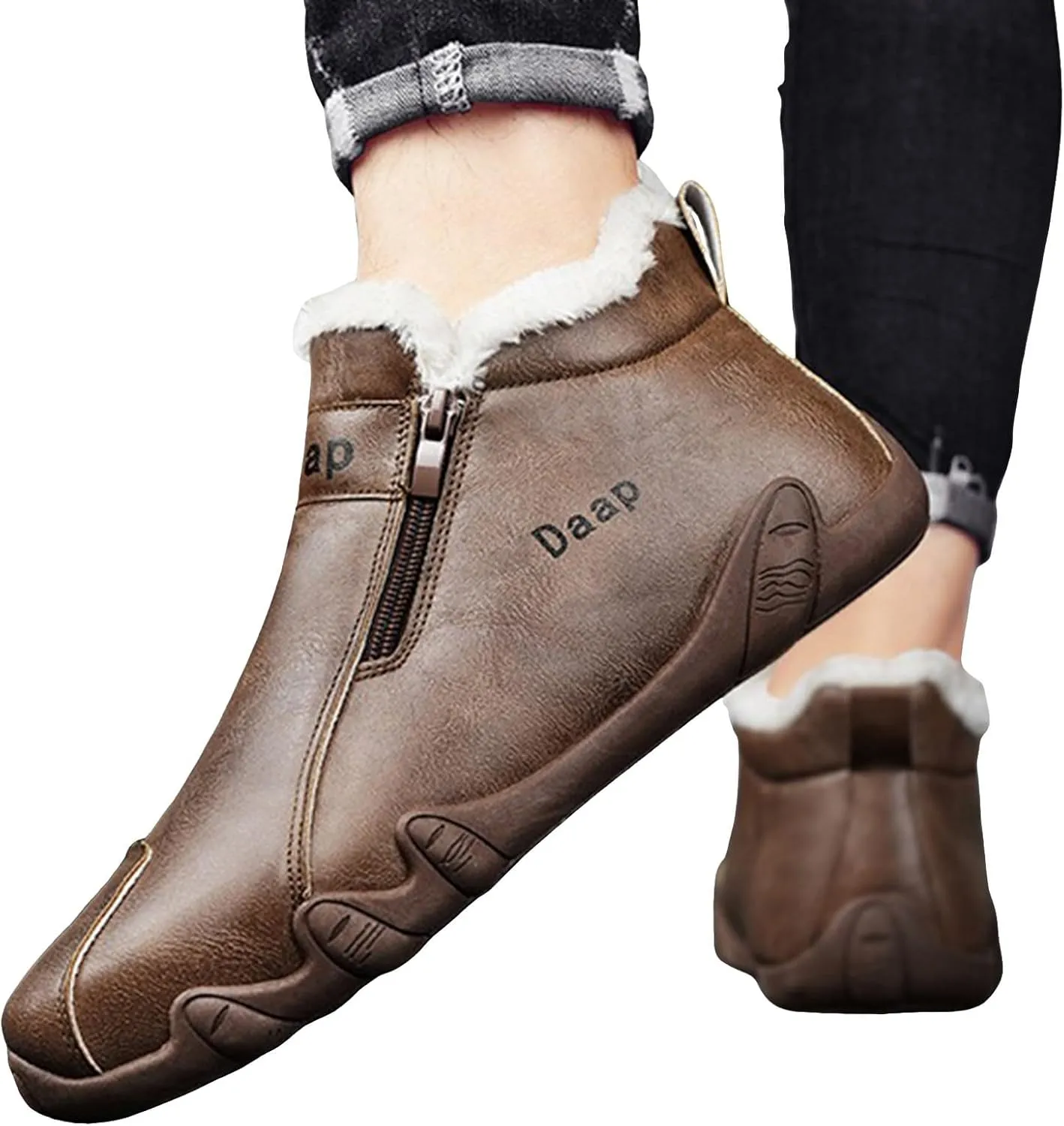 Leather Furry Boots for Men Fleece Lined Warm Winter Boots Water Proof Insulated Soft Womens Leather Work