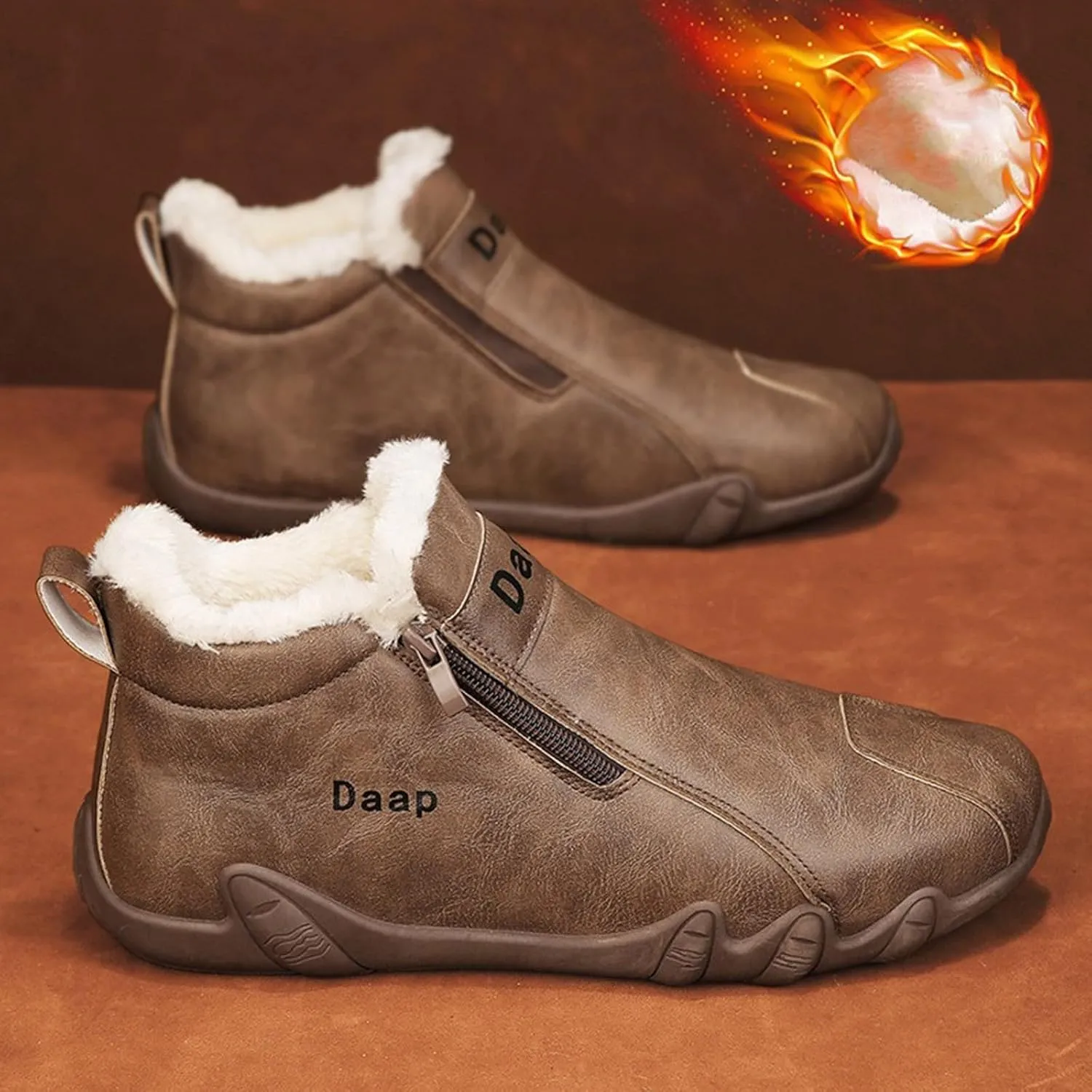 Leather Furry Boots for Men Fleece Lined Warm Winter Boots Water Proof Insulated Soft Womens Leather Work