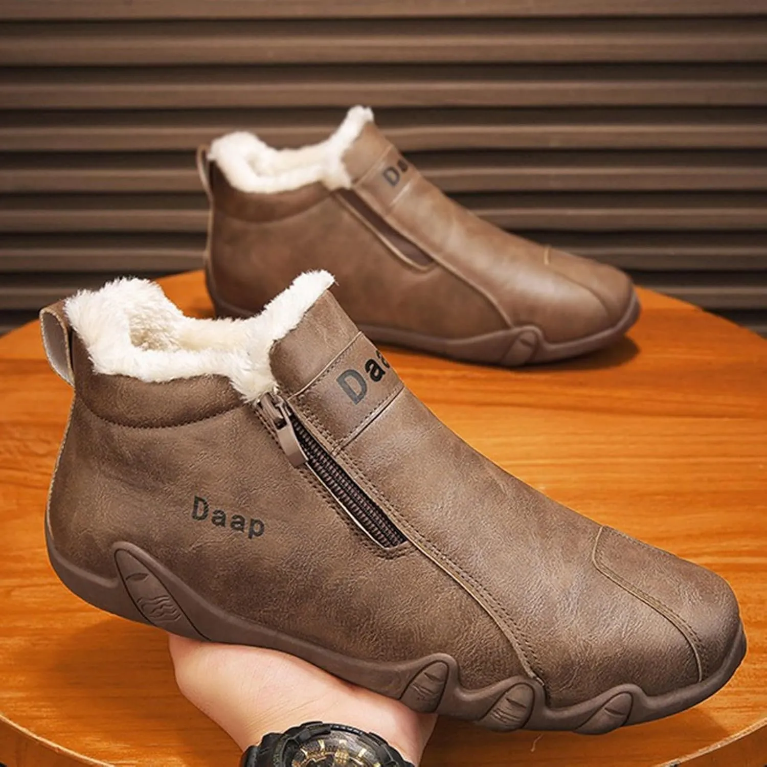 Leather Furry Boots for Men Fleece Lined Warm Winter Boots Water Proof Insulated Soft Womens Leather Work