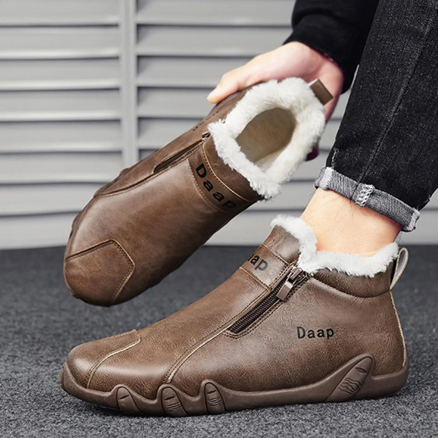 Leather Furry Boots for Men Fleece Lined Warm Winter Boots Water Proof Insulated Soft Womens Leather Work