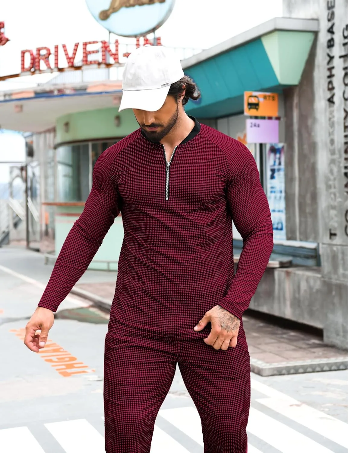 LecGee Mens 2 Piece Outfits Long Sleeve Athletic Quarter Zip Polo Tracksuit Jogging Casual Sports Sweatsuit Set