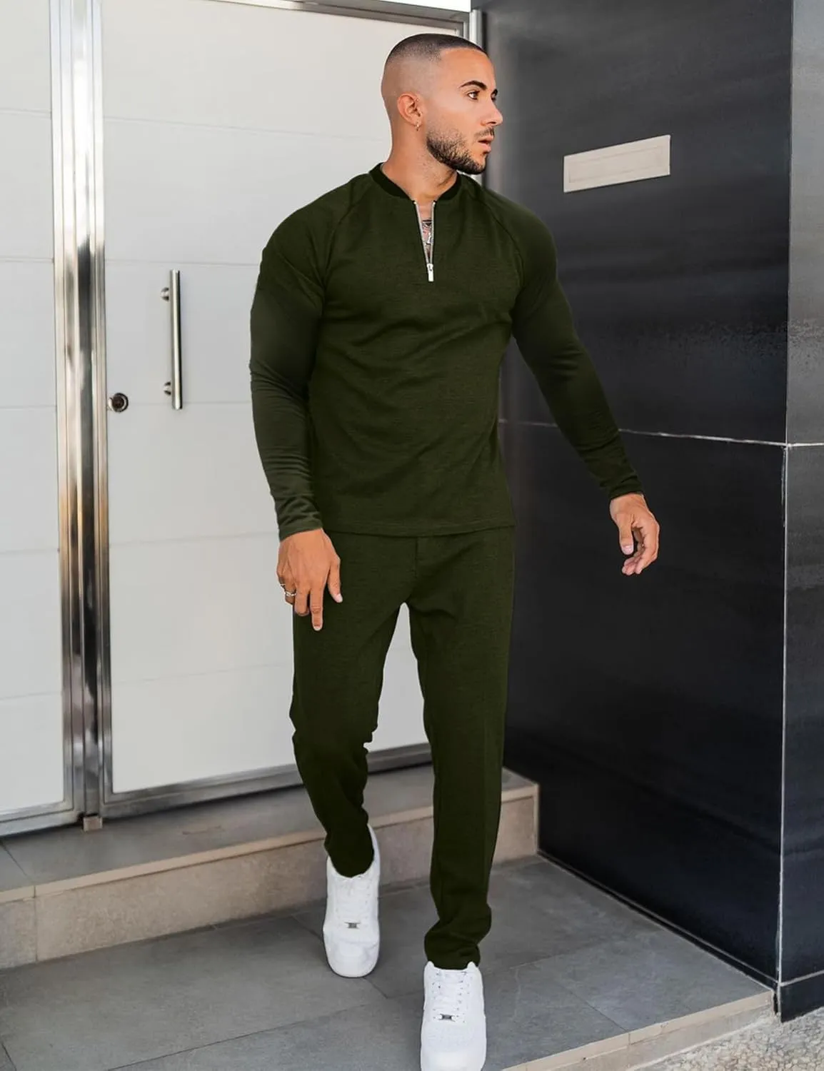 LecGee Mens 2 Piece Outfits Long Sleeve Athletic Quarter Zip Polo Tracksuit Jogging Casual Sports Sweatsuit Set