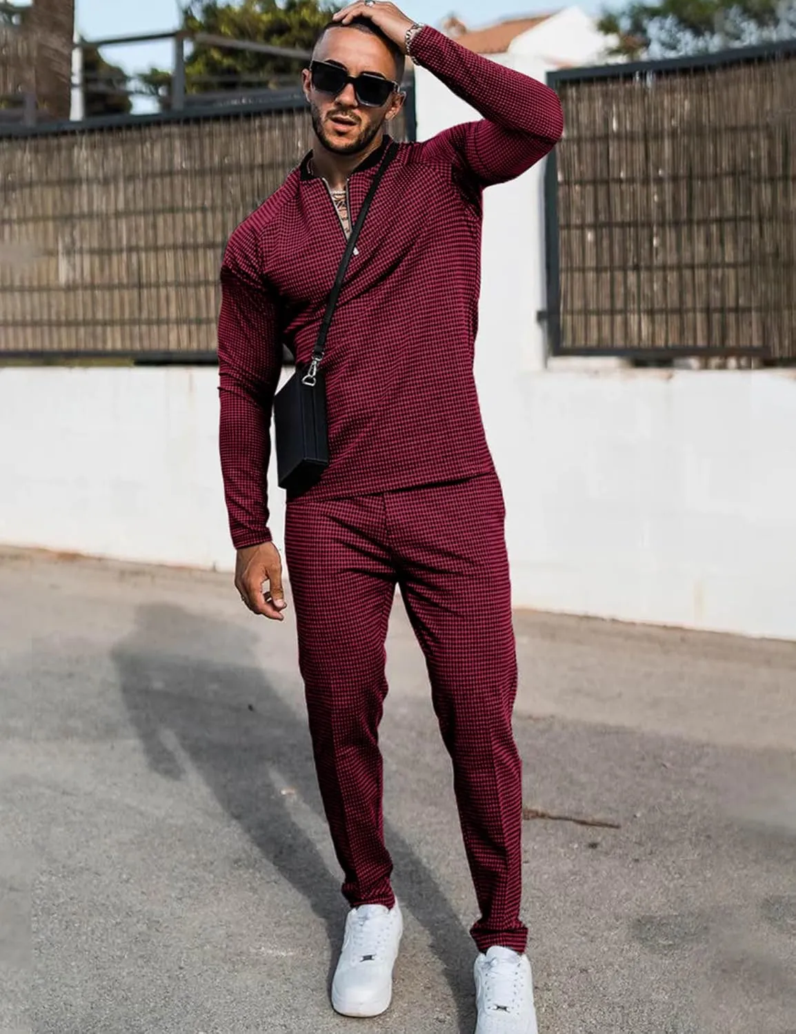 LecGee Mens 2 Piece Outfits Long Sleeve Athletic Quarter Zip Polo Tracksuit Jogging Casual Sports Sweatsuit Set