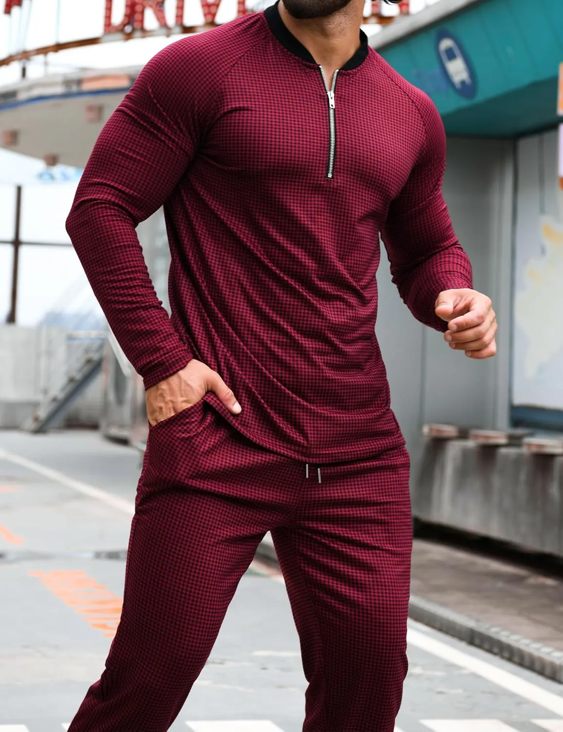 LecGee Mens 2 Piece Outfits Long Sleeve Athletic Quarter Zip Polo Tracksuit Jogging Casual Sports Sweatsuit Set