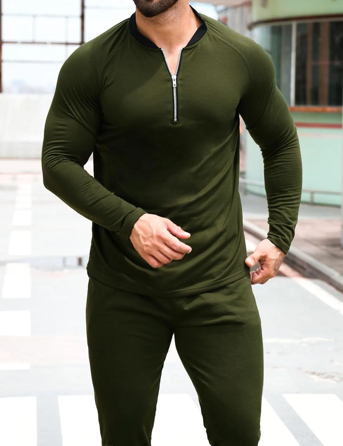 LecGee Mens 2 Piece Outfits Long Sleeve Athletic Quarter Zip Polo Tracksuit Jogging Casual Sports Sweatsuit Set