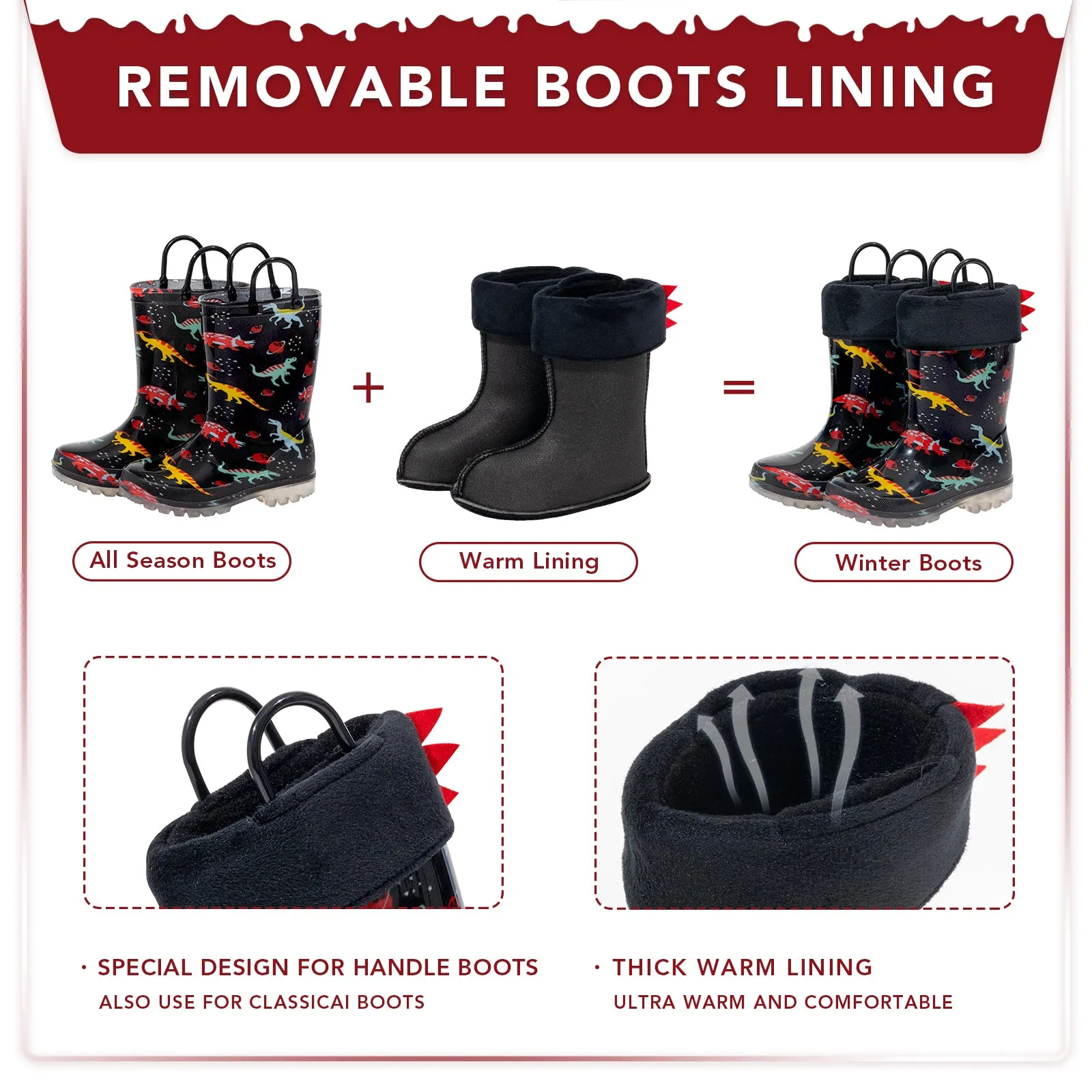 Light Up Boys Girls Rain Boots with Warm Lining