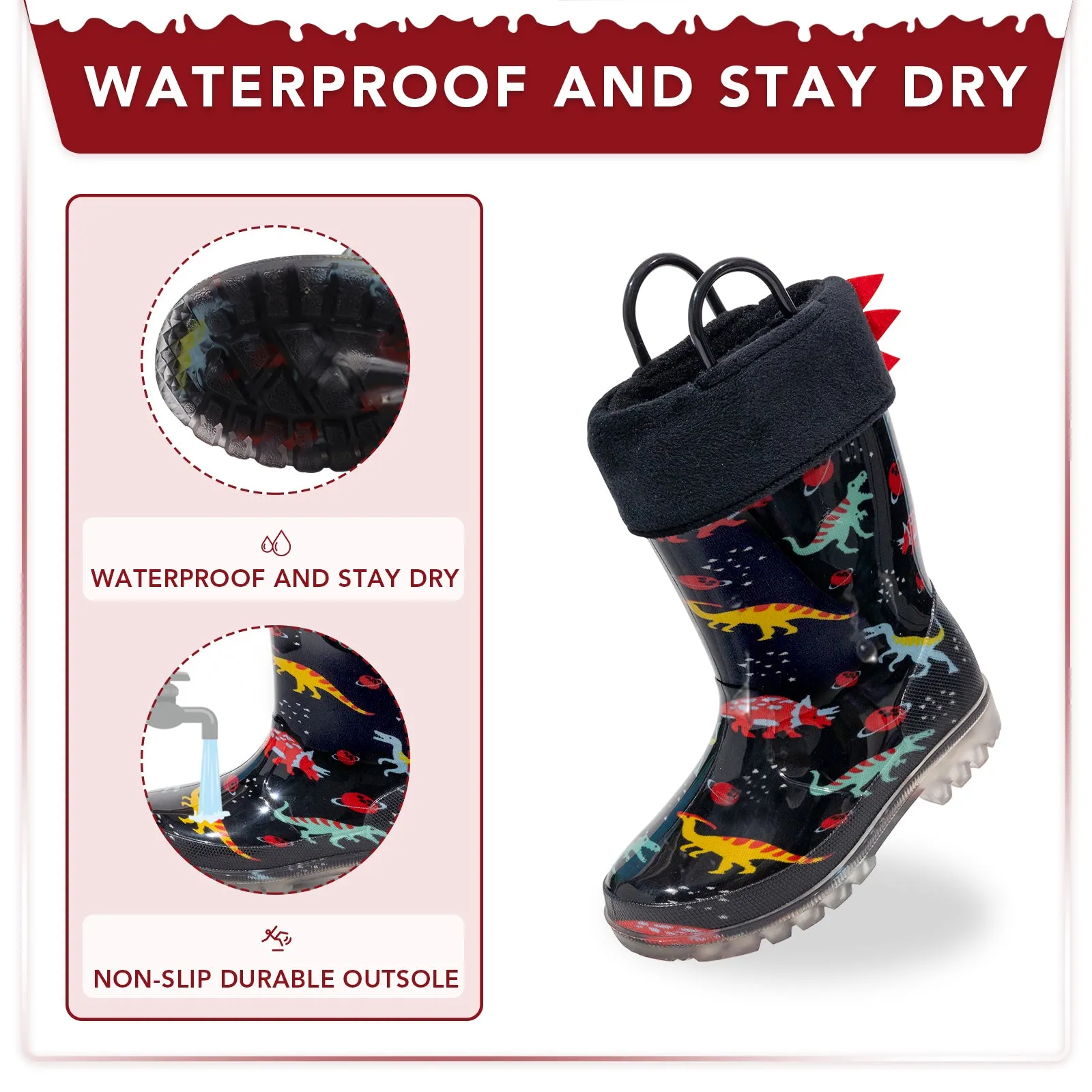 Light Up Boys Girls Rain Boots with Warm Lining