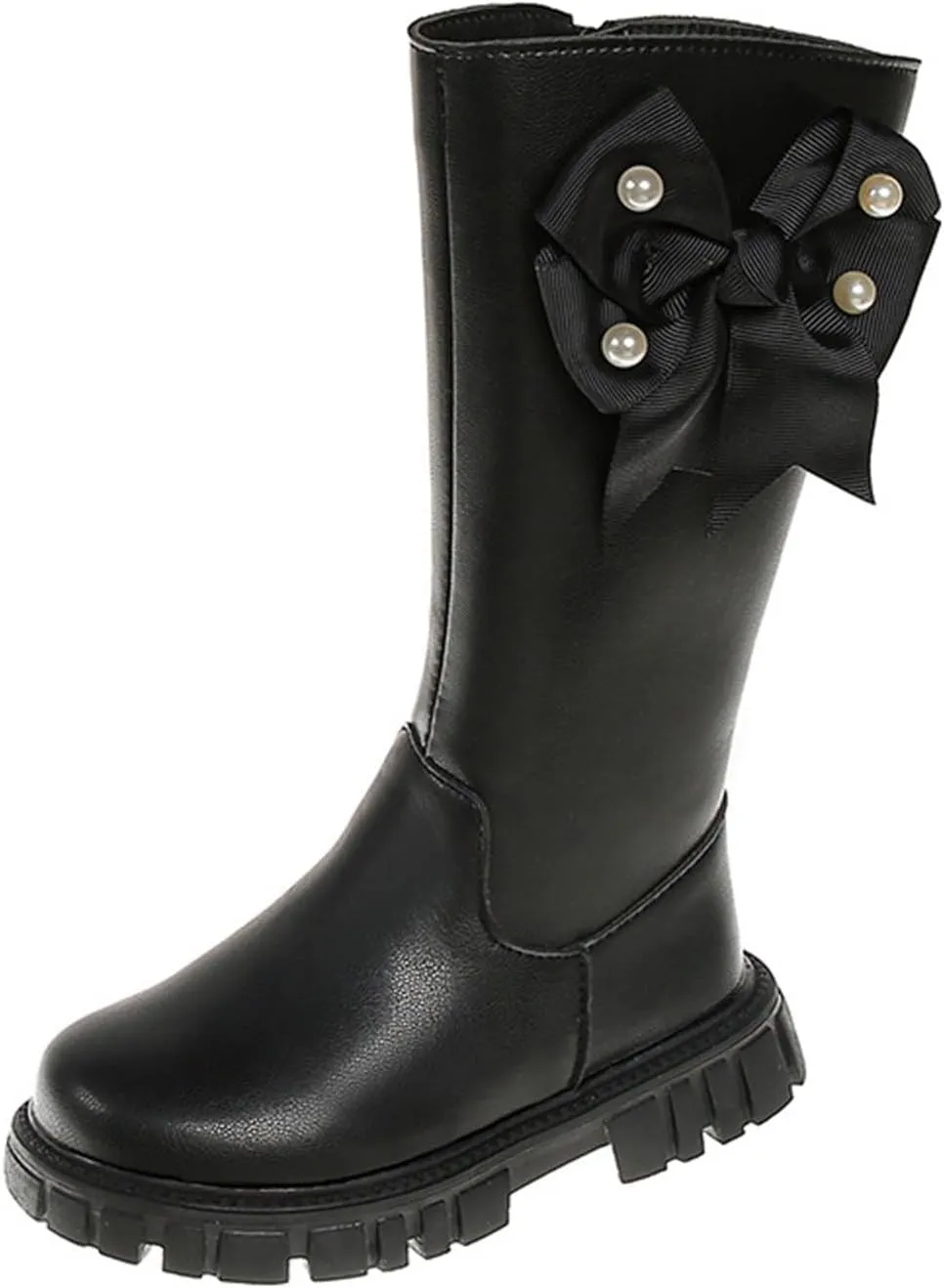 Little Girls Knee High Boots Low Heel Platform Tall Leather Long Boots With Side Zipper Water Proof Side Mid Calf Flat