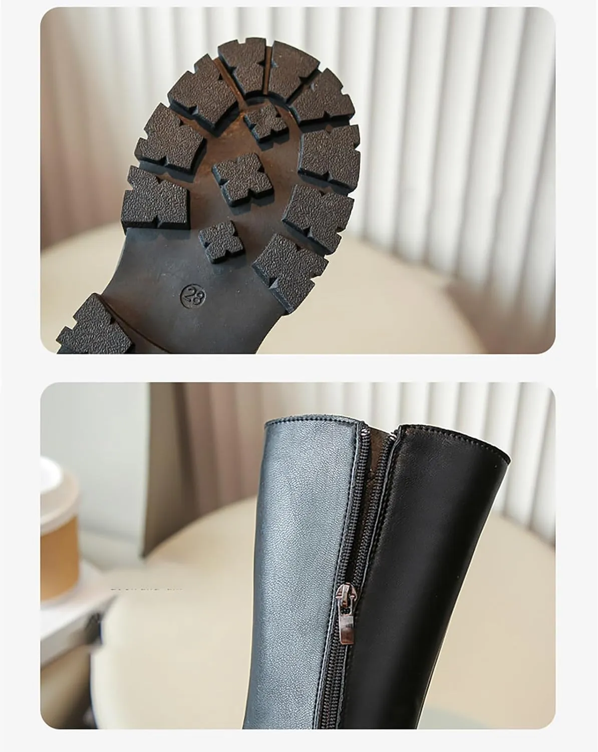 Little Girls Knee High Boots Low Heel Platform Tall Leather Long Boots With Side Zipper Water Proof Side Mid Calf Flat