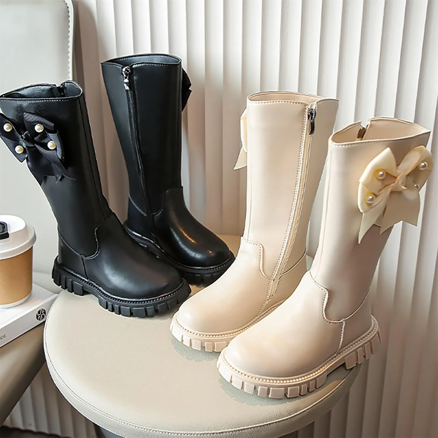 Little Girls Knee High Boots Low Heel Platform Tall Leather Long Boots With Side Zipper Water Proof Side Mid Calf Flat