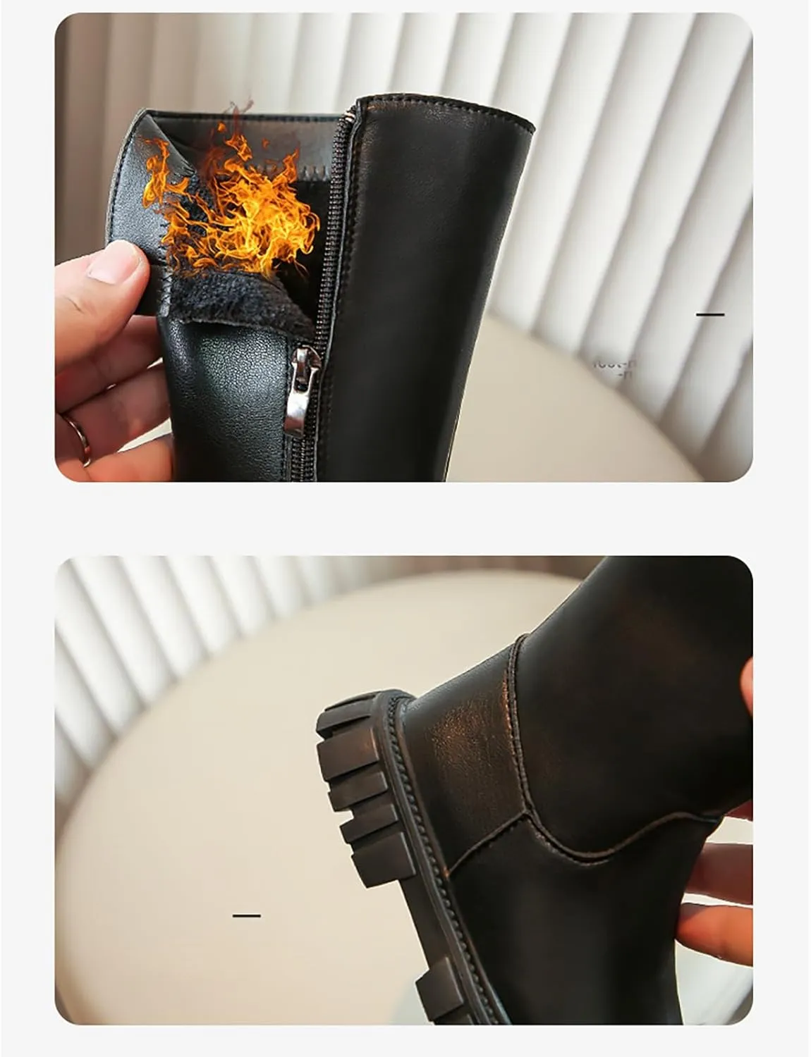 Little Girls Knee High Boots Low Heel Platform Tall Leather Long Boots With Side Zipper Water Proof Side Mid Calf Flat