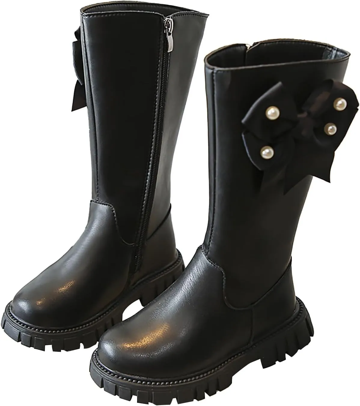 Little Girls Knee High Boots Low Heel Platform Tall Leather Long Boots With Side Zipper Water Proof Side Mid Calf Flat