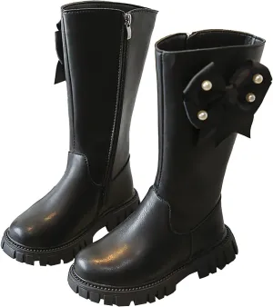 Little Girls Knee High Boots Low Heel Platform Tall Leather Long Boots With Side Zipper Water Proof Side Mid Calf Flat
