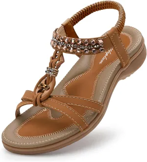 Littleplum Womens Sandals Arch Support Slingback Rhinestone Dressy Sandals Comfort Summer Shoes Ankle Strap Elastic Flats for Beach Walking