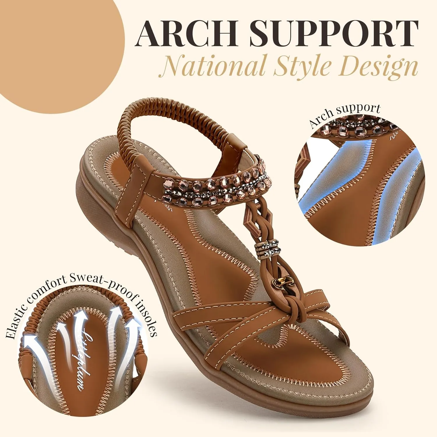 Littleplum Womens Sandals Arch Support Slingback Rhinestone Dressy Sandals Comfort Summer Shoes Ankle Strap Elastic Flats for Beach Walking
