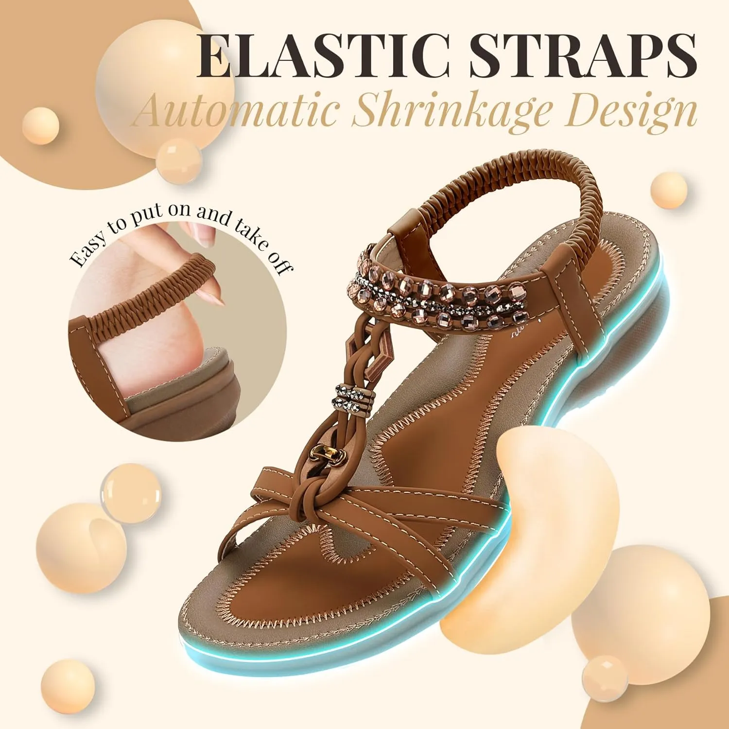 Littleplum Womens Sandals Arch Support Slingback Rhinestone Dressy Sandals Comfort Summer Shoes Ankle Strap Elastic Flats for Beach Walking
