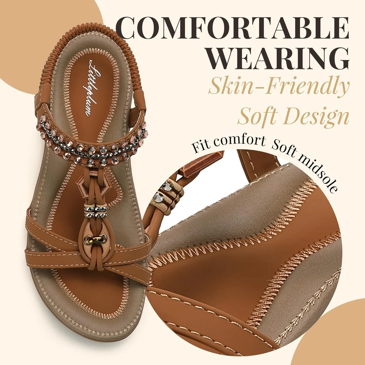 Littleplum Womens Sandals Arch Support Slingback Rhinestone Dressy Sandals Comfort Summer Shoes Ankle Strap Elastic Flats for Beach Walking