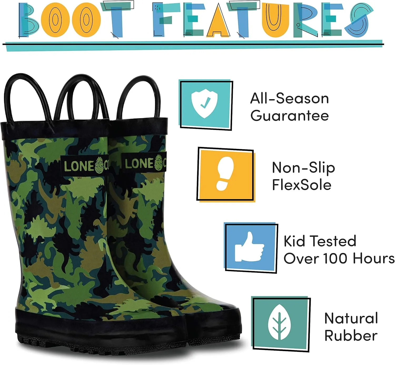 Lone Cone Kids Rain Boots for Girls & Boys – Waterproof Natural Rubber Toddler Rain Boots with Non-Slip Outsole & Easy Pull Handles – Solid, Pattern & Glitter Designs