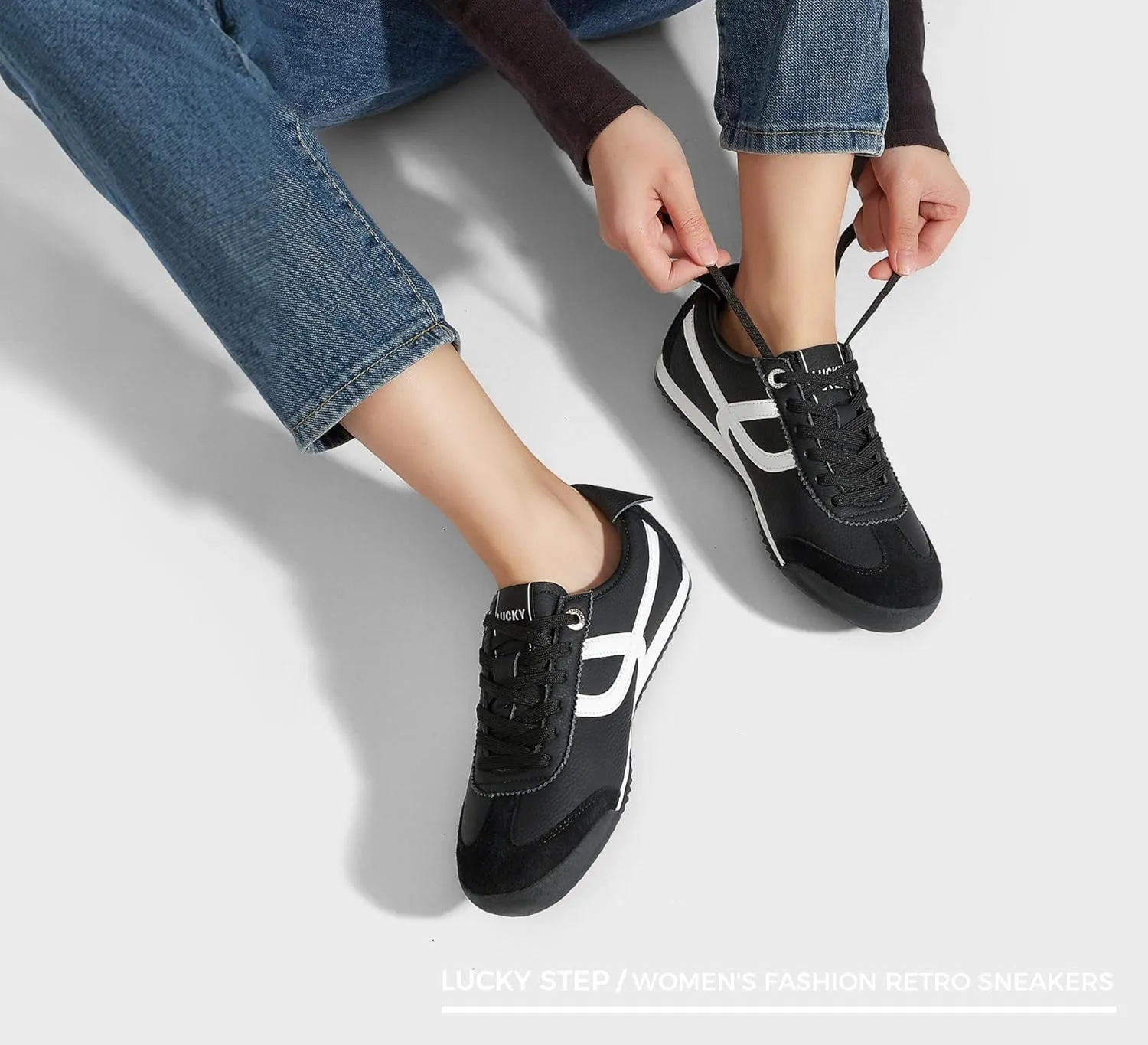 LUCKY STEP Women's Retro Fashion Sneakers Thin Sole Casual Walking Lightweight Tennis Trainers Running Gym Workout Classic Comfortable Athletic Shoes
