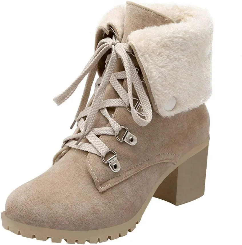 LUXMAX Women Lace Up Fold Over Ankle Boots Block Heel Winter Warm Booties