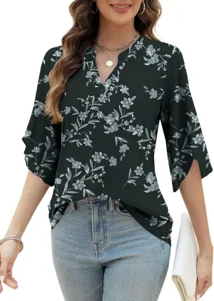 LUYAA Women's 3/4 Sleeve Blouses Tops V Neck Casual Dressy Double Layers Mesh Loose Fit Tunic Shirts
