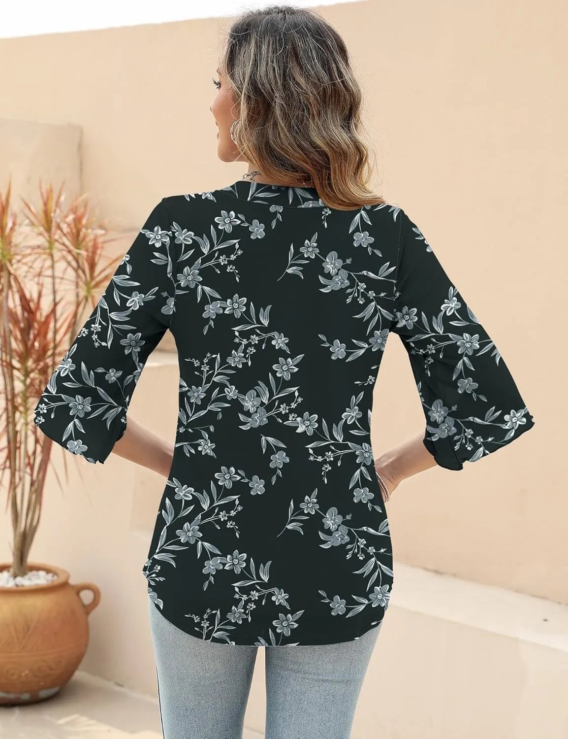 LUYAA Women's 3/4 Sleeve Blouses Tops V Neck Casual Dressy Double Layers Mesh Loose Fit Tunic Shirts