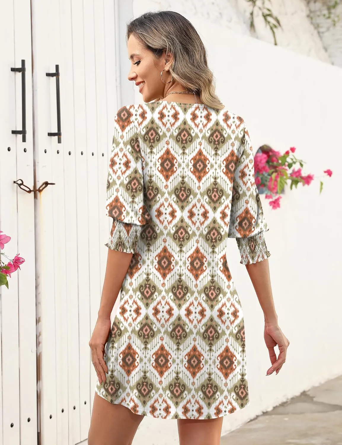 LUYAA Womens Summer Mini Dresses Boatneck 3/4 Puff Sleeve Floral T Shirt Dress with Pockets Boho Dresses Fashion Trendy 2025