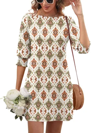 LUYAA Womens Summer Mini Dresses Boatneck 3/4 Puff Sleeve Floral T Shirt Dress with Pockets Boho Dresses Fashion Trendy 2025