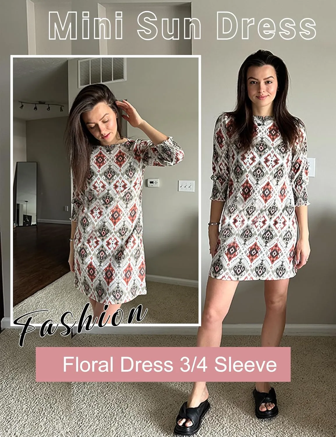 LUYAA Womens Summer Mini Dresses Boatneck 3/4 Puff Sleeve Floral T Shirt Dress with Pockets Boho Dresses Fashion Trendy 2025