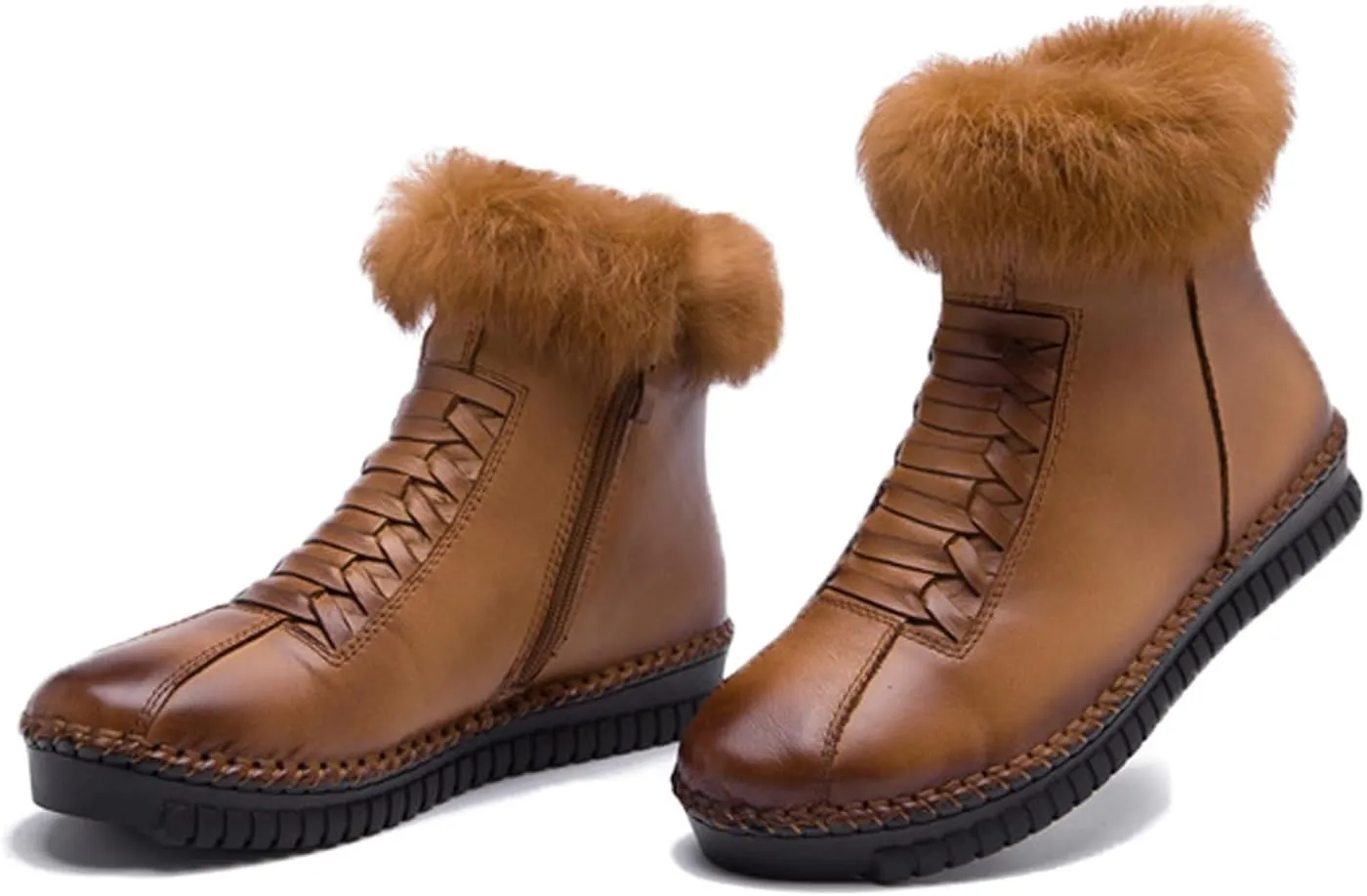 Lymphvity Women's Cowhide Unique Strap Winter Snow Boots Faux Fur Lined Warm Ankle Boots Side Zipper Outdoor Cold Thickening Comfortable Booties