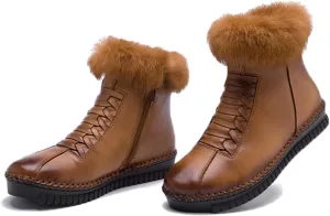 Lymphvity Women's Cowhide Unique Strap Winter Snow Boots Faux Fur Lined Warm Ankle Boots Side Zipper Outdoor Cold Thickening Comfortable Booties