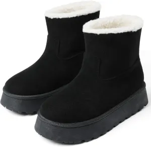 Lyrisiphy Platform Mini Boots Snow Boots for Women Genuine Suede Faux Fur Lining Classic Water Resistant Anti-Slip Warm Fall Winter Booties Pull On Memory Foam Comfort Ankle Boots Fuzzy Short Boots
