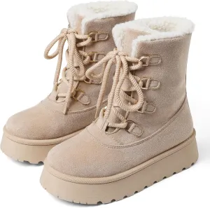 Lyrisiphy Platform Mini Boots Snow Boots for Women Genuine Suede Faux Fur Lining Classic Water Resistant Anti-Slip Warm Fall Winter Booties Pull On Memory Foam Comfort Ankle Boots Fuzzy Short Boots