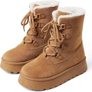 Lyrisiphy Platform Mini Boots Snow Boots for Women Genuine Suede Faux Fur Lining Classic Water Resistant Anti-Slip Warm Fall Winter Booties Pull On Memory Foam Comfort Ankle Boots Fuzzy Short Boots