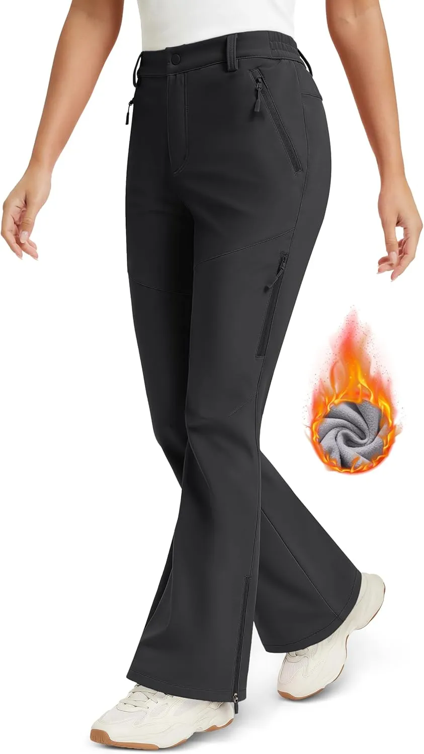 MAGCOMSEN Women's Fleece Lined Flare Pants Waterproof Insulated Snow Ski Pants Warm Outdoor Winter Hiking Softshell
