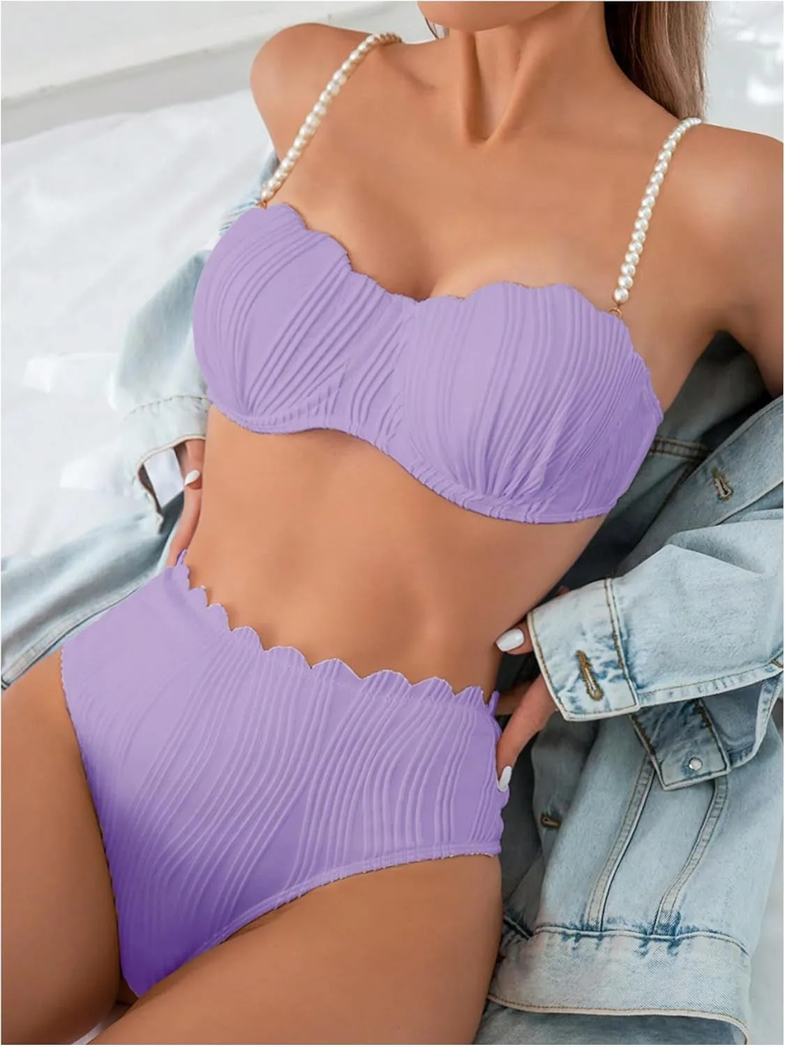 MakeMeChic Women's 2 Piece Bikini Set Textured Pearl Beaded Strap Scallop Trim High Waist Swimsuit