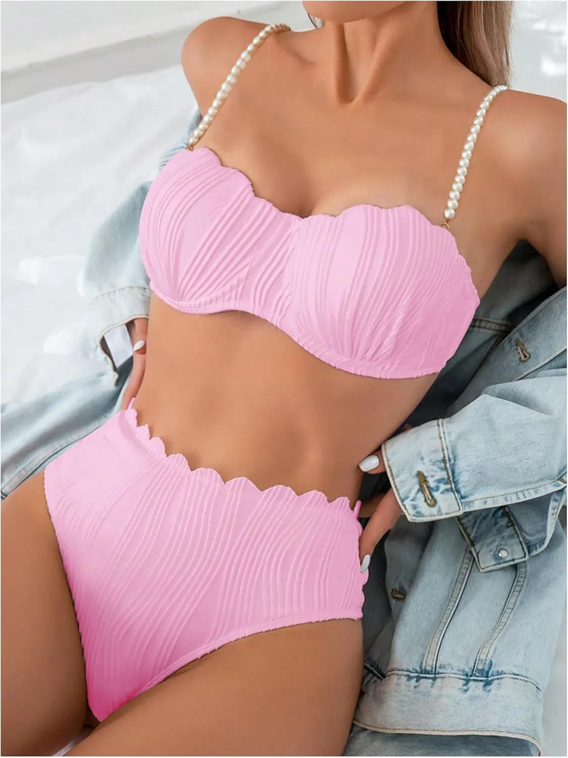 MakeMeChic Women's 2 Piece Bikini Set Textured Pearl Beaded Strap Scallop Trim High Waist Swimsuit