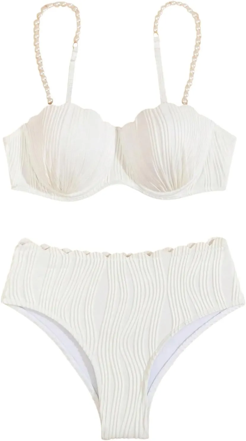MakeMeChic Women's 2 Piece Bikini Set Textured Pearl Beaded Strap Scallop Trim High Waist Swimsuit