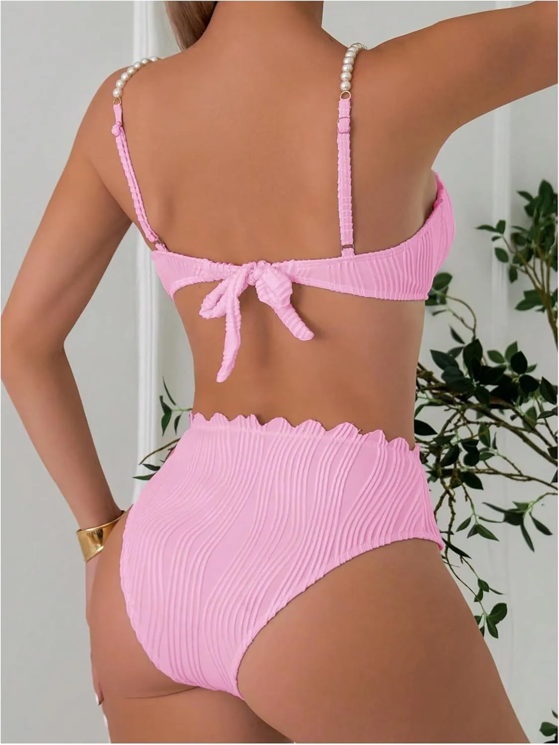 MakeMeChic Women's 2 Piece Bikini Set Textured Pearl Beaded Strap Scallop Trim High Waist Swimsuit