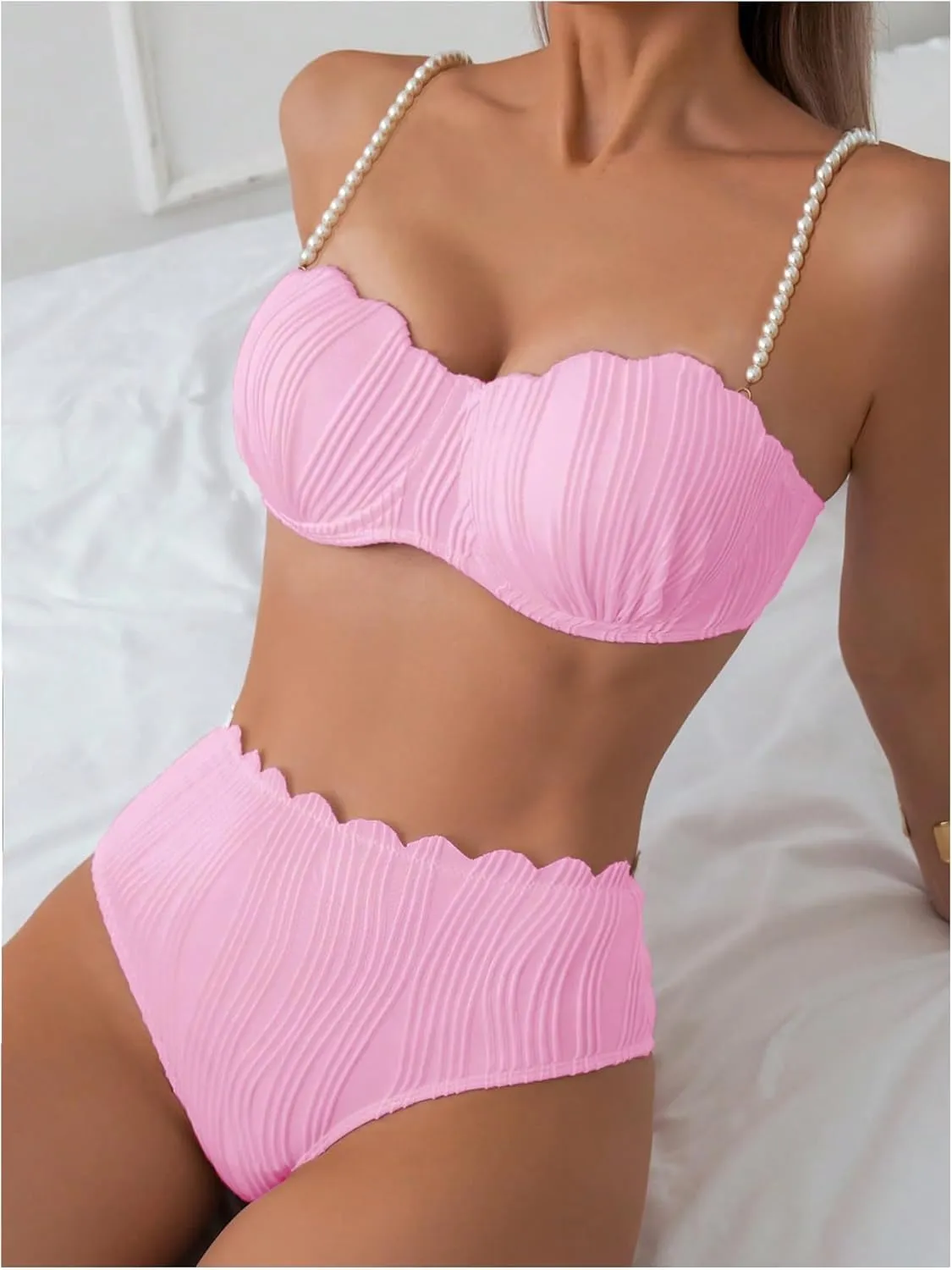 MakeMeChic Women's 2 Piece Bikini Set Textured Pearl Beaded Strap Scallop Trim High Waist Swimsuit