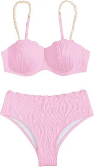 MakeMeChic Women's 2 Piece Bikini Set Textured Pearl Beaded Strap Scallop Trim High Waist Swimsuit